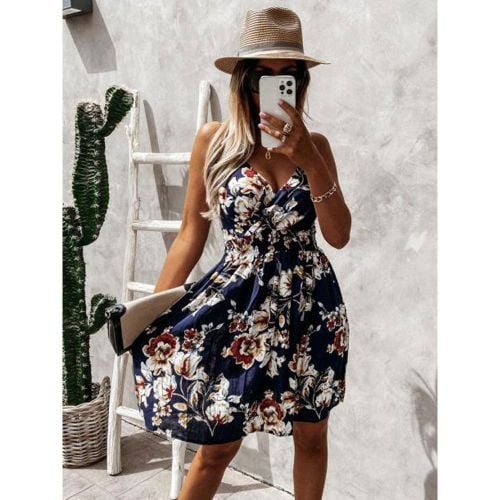 Summer Dress White V-Neck Sleeves Floral Printed Midi Beach Dress - milanoo.com - Modalova