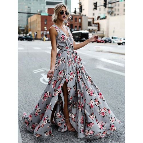 Maxi Dresses Sleeveless Grey Floral Printed V-Neck Lace Up Floor Length Dress - milanoo.com - Modalova