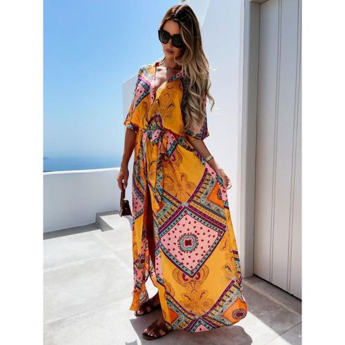 Maxi Dresses Short Sleeves Printed Pattern V-Neck Floor Length Summer Dress - milanoo.com - Modalova