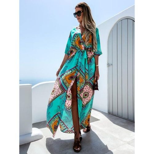 Maxi Dresses Short Sleeves Orange Printed Pattern V-Neck Floor Length Summer Dress - milanoo.com - Modalova