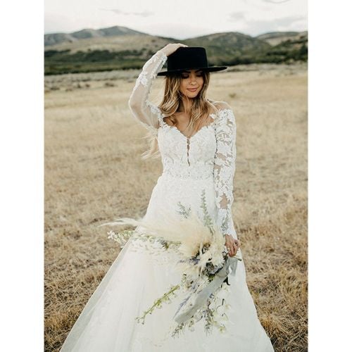 Lace Wedding Dress V-Neck Long Sleeves Backless With Train Tulle Bridal Gowns Free Customization - milanoo.com - Modalova