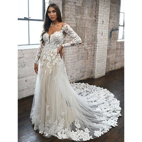 White Lace Wedding Dress V-Neck Long Sleeves Backless With Train Tulle Bridal Gowns Free Customization - milanoo.com - Modalova