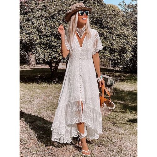 Summer Dress Lace Short Sleeves Buttons Bohemian Long Dresses - milanoo.com - Modalova