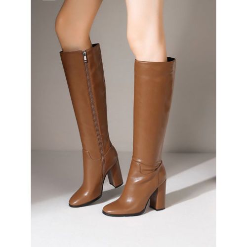 Women Boots Chunky Heel PU Leather Black Knee High Boots - milanoo.com - Modalova