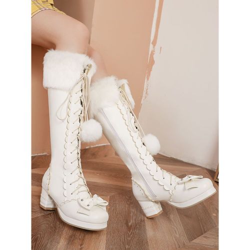 Classic Lolita Boots Knee High Chunky Heel Platform Square Toe Lace Up Pink Lolita Winter Boots - milanoo.com - Modalova