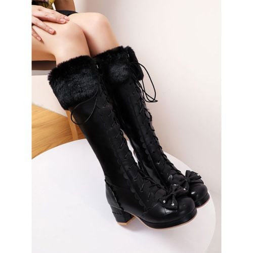 Classic Lolita Boots Knee High Chunky Heel Platform Square Toe Lace Up Pink Lolita Winter Boots - milanoo.com - Modalova