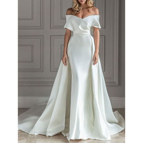 White Vintage Mermaid Wedding Dress With Train Satin Off The Shoulder Pleated Bridal Gowns Free Customization - milanoo.com - Modalova