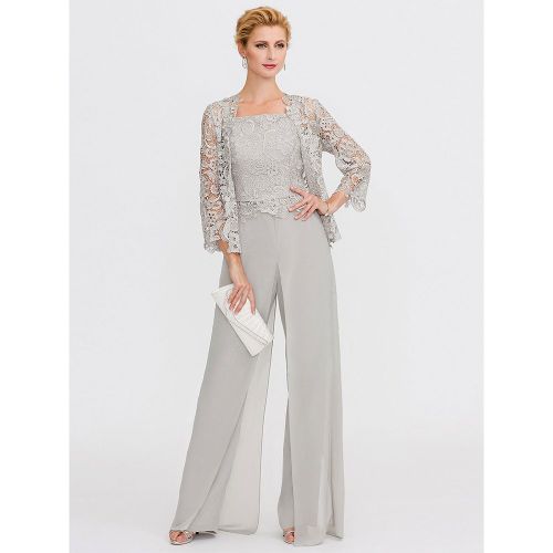 Mother Gowns Of The Bride Bateau Neck Long Sleeves A-Line Lace Light Grey Guest Pants With Sash Three Piece For Wedding Free Customization - milanoo.com - Modalova