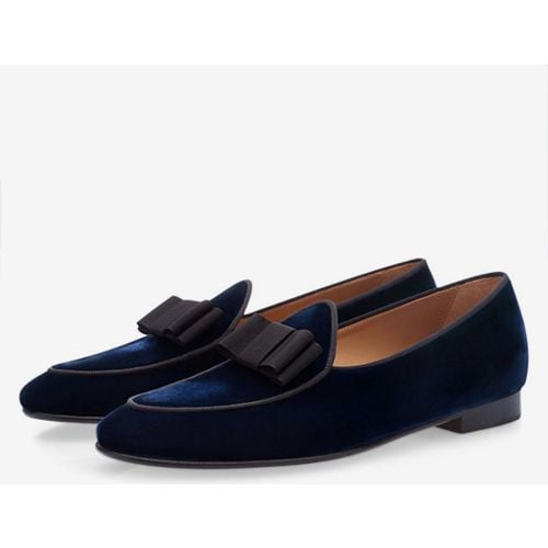 Men Party Shoes Velvet Round Toe Bow Slip On Loafers Deep Blue Prom Shoes - milanoo.com - Modalova