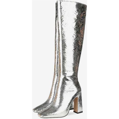 Knee-High Boots Square Toe Snake Print Chunky Heel Bright Leather Women Knee Length High Heel Boots - milanoo.com - Modalova