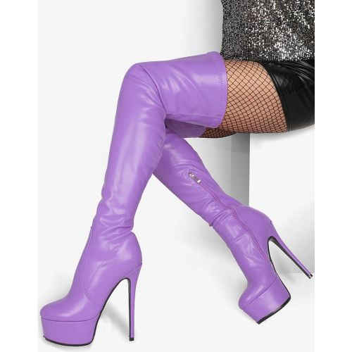 Over The Knee Boots Leather Black Round Toe Platform Thigh High Boots - milanoo.com - Modalova