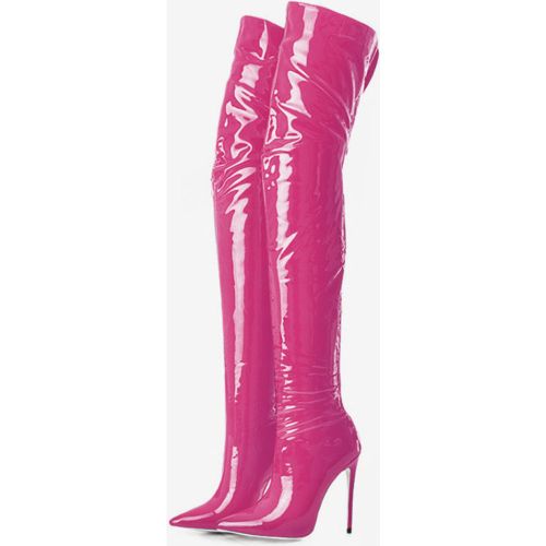 Black Thigh High Boots Womens Patent Bright Leather Pointed Toe Stiletto Heel Over The Knee Boots - milanoo.com - Modalova