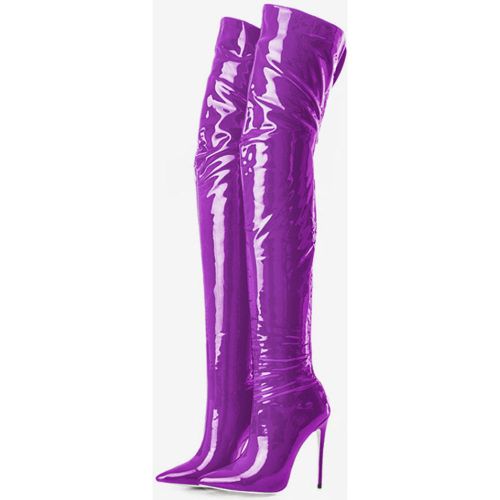 Black Thigh High Boots Womens Patent Bright Leather Pointed Toe Stiletto Heel Over The Knee Boots - milanoo.com - Modalova