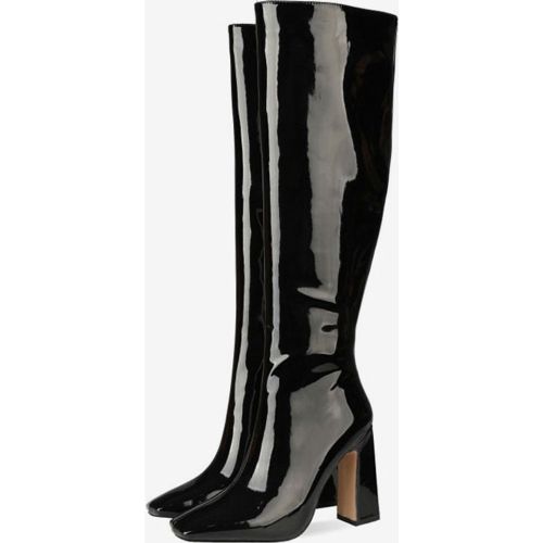 Knee-High Gogo Boots Leather Square Toe Chunky Heel High Heel Knee Length Boots For Women - milanoo.com - Modalova