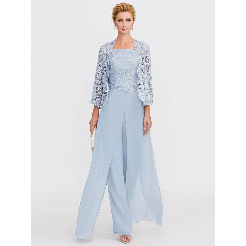 Mother Gowns Of The Bride Bateau Neck Long Sleeves A-Line Lace Light Grey Guest Pants With Sash Three Piece For Wedding Free Customization - milanoo.com - Modalova