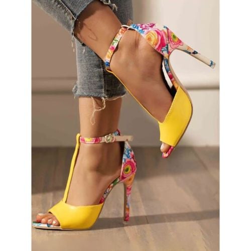 Womens T-Strap Heels Floral Print Stiletto Heel Sandals - milanoo.com - Modalova