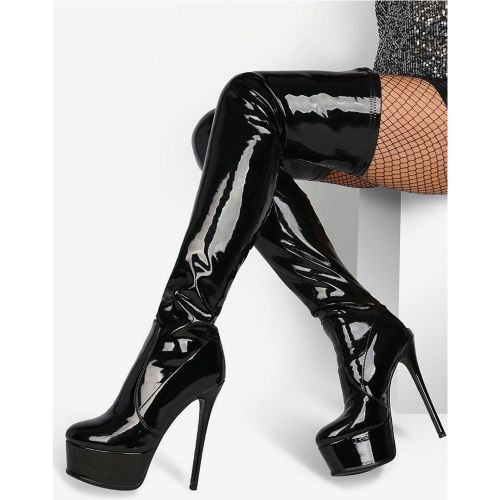 Over The Knee Boots Round Toe Bright Leather Platform Winter Boots Women High Heel Thigh High Boots - milanoo.com - Modalova