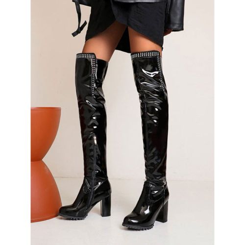 Women's Over The Knee Boots Patent Upper Round Toe Bright Leather Thigh High Boots - milanoo.com - Modalova