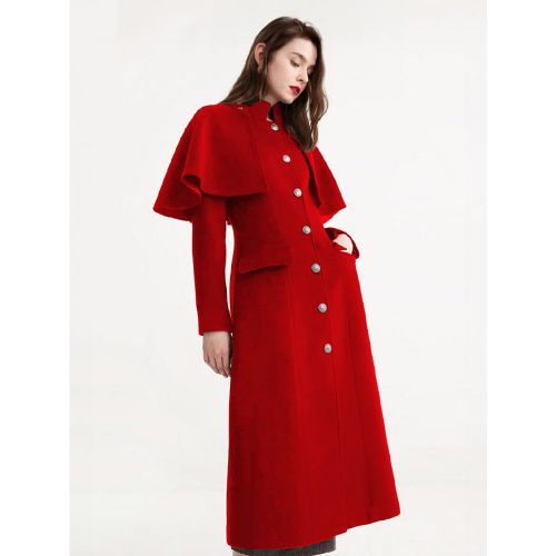 Midi Woolen Coat With Detachable Cape Stand Collar Winter Outerwear For Women 2025 - milanoo.com - Modalova