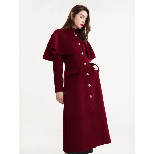 Midi Woolen Coat With Detachable Cape Stand Collar Winter Outerwear For Women 2025 - milanoo.com - Modalova