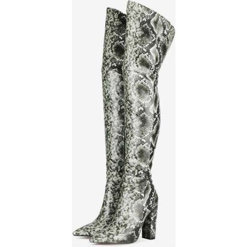 Over The Knee Boots Leather Pink Pointed Toe Snake Print Chunky Heel Thigh High Boots - milanoo.com - Modalova