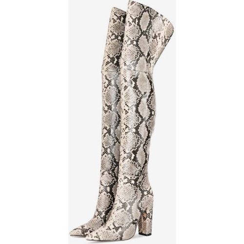 Over The Knee Boots Leather Pink Pointed Toe Snake Print Chunky Heel Thigh High Boots - milanoo.com - Modalova