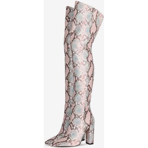 Over The Knee Boots Leather Pointed Toe Snake Print Chunky Heel Thigh High Boots - milanoo.com - Modalova