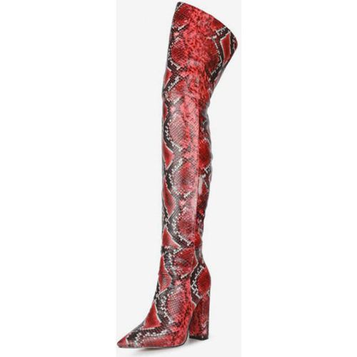 Over The Knee Boots Leather Pink Pointed Toe Snake Print Chunky Heel Thigh High Boots - milanoo.com - Modalova