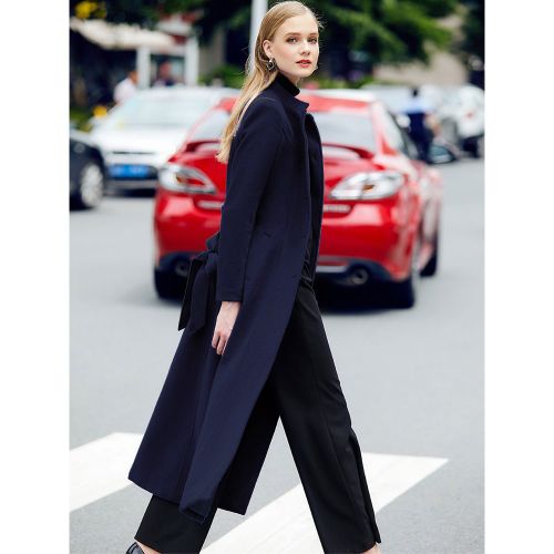 Long Wool Blend Coat For Women Royal Blue Mandarin Stand Collar Single-breasted Belted Winter Outerwear 2025 - milanoo.com - Modalova