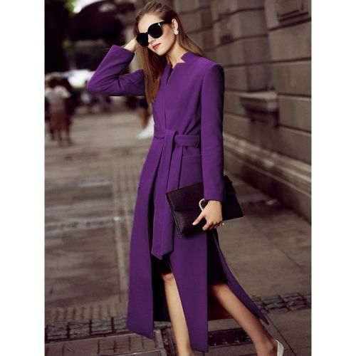 Long Wool Blend Coat Stand Collar V-neck Belted Split Winter Outerwear For Women 2025 - milanoo.com - Modalova