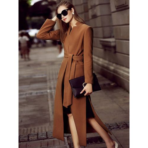 Long Wool Blend Coat Stand Collar V-neck Belted Split Winter Outerwear For Women 2025 - milanoo.com - Modalova