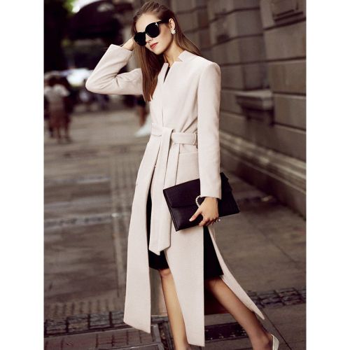 Long Wool Blend Coat Stand Collar V-neck Belted Split Winter Outerwear For Women 2025 - milanoo.com - Modalova