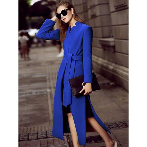 Long Wool Blend Coat Stand Collar V-neck Belted Split Winter Outerwear For Women 2025 - milanoo.com - Modalova