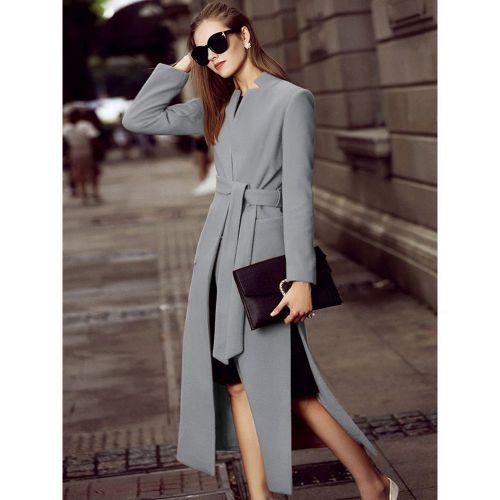 Long Wool Blend Coat Stand Collar V-neck Belted Split Winter Outerwear For Women 2025 - milanoo.com - Modalova