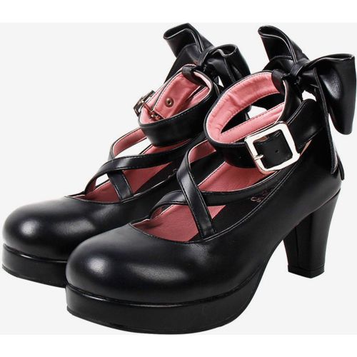 Sweet Lolita Shoes Platform Heels Bow Round Toe Cross Front Lolita Pumps - milanoo.com - Modalova