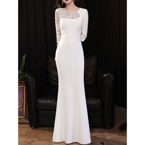 Evening Dress Sheath Jewel Neck Floor-Length Half Sleeves Zipper Satin Fabric Social Pageant Dresses - milanoo.com - Modalova