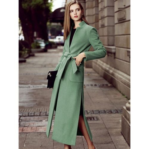 Long Wool Blend Coat Stand Collar V-neck Belted Split Winter Outerwear For Women 2025 - milanoo.com - Modalova