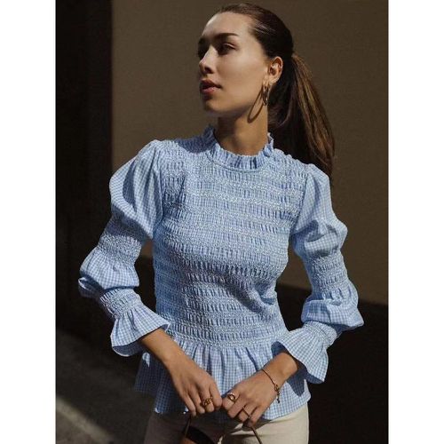 Shirt For Women Polyester Jewel Neck Casual Plaid Pleated Long Sleeves Tops - milanoo.com - Modalova