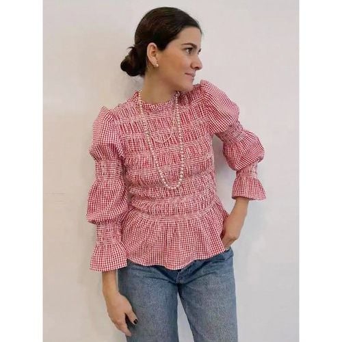 Shirt For Women Light Sky Blue Polyester Jewel Neck Casual Plaid Pleated Long Sleeves Tops - milanoo.com - Modalova