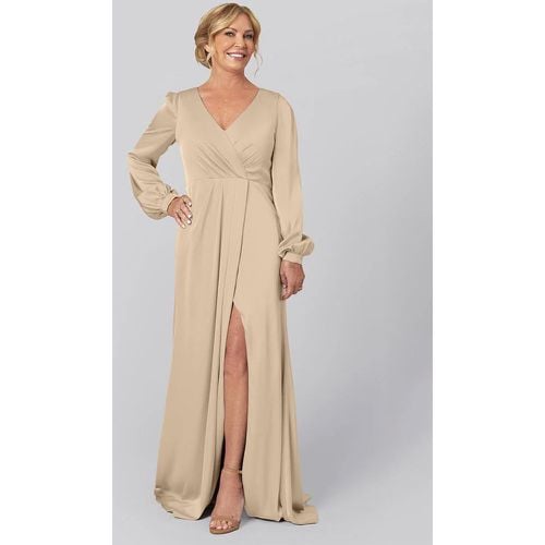 Party Dress For Mother Of The Bride V-Neck Long Sleeves A-Line Pleated With Train Guest Dresses For Wedding - milanoo.com - Modalova