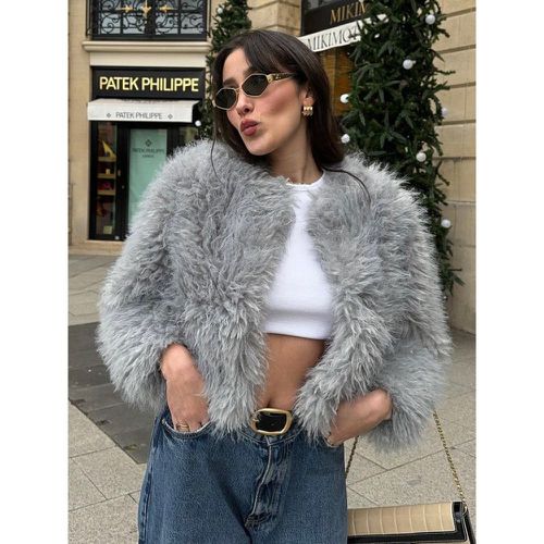 Faux Fur Coats Long Sleeves Chic Faux Fur Jacket Jewel Neck Winter Coat - milanoo.com - Modalova