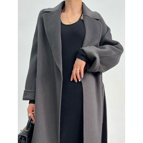 Woman Coat Turndown Collar Sash Chic Black Wrap Coat - milanoo.com - Modalova