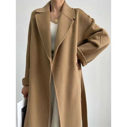 Woman Coat Turndown Collar Sash Chic Black Wrap Coat - milanoo.com - Modalova