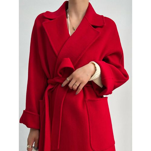 Woman Coat Turndown Collar Sash Chic Black Wrap Coat - milanoo.com - Modalova