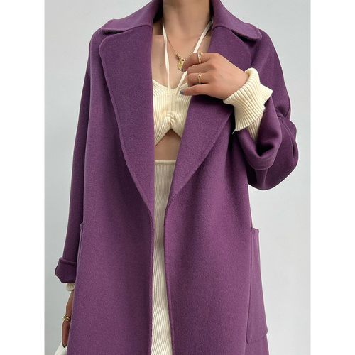 Woman Coat Turndown Collar Sash Chic Black Wrap Coat - milanoo.com - Modalova