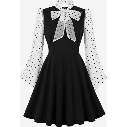 Retro Dress Embellished Collar Bows 1950s Audrey Hepburn Style Sheer Long Sleeves Polka Dot Medium Swing Dress - milanoo.com - Modalova