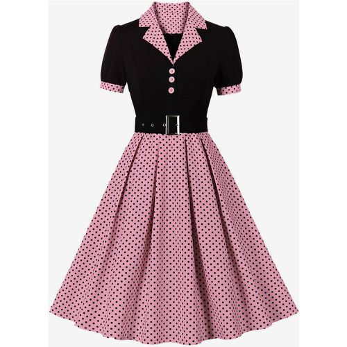 Retro Dress Turndown Collar Sash 1950s Audrey Hepburn Style Short Sleeves Polka Dot Medium Light Pink Rockabilly Dress - milanoo.com - Modalova