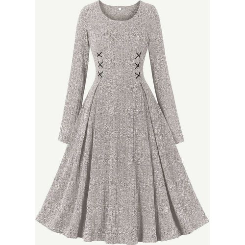 Retro Dress Jewel Neck Lace Up 1950s Audrey Hepburn Style Long Sleeves Two-Tone Medium Gray Swing Dress - milanoo.com - Modalova