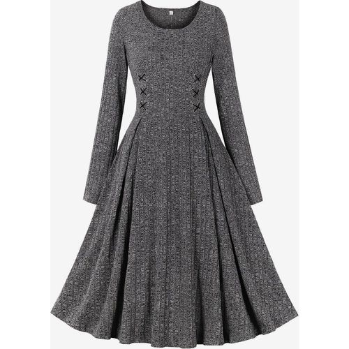 Retro Dress Jewel Neck Lace Up 1950s Audrey Hepburn Style Long Sleeves Two-Tone Medium Swing Dress - milanoo.com - Modalova