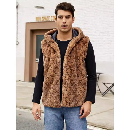 Leopard Men's Faux Fur Vest Winter Warm Sleeveless Jacket with Turn-Down Collar and Hood - milanoo.com - Modalova